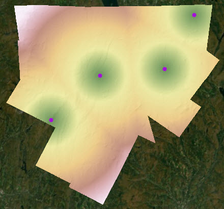 Map of straight line distance calculated from four points