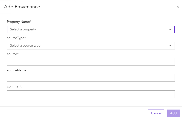 The add provenance modal