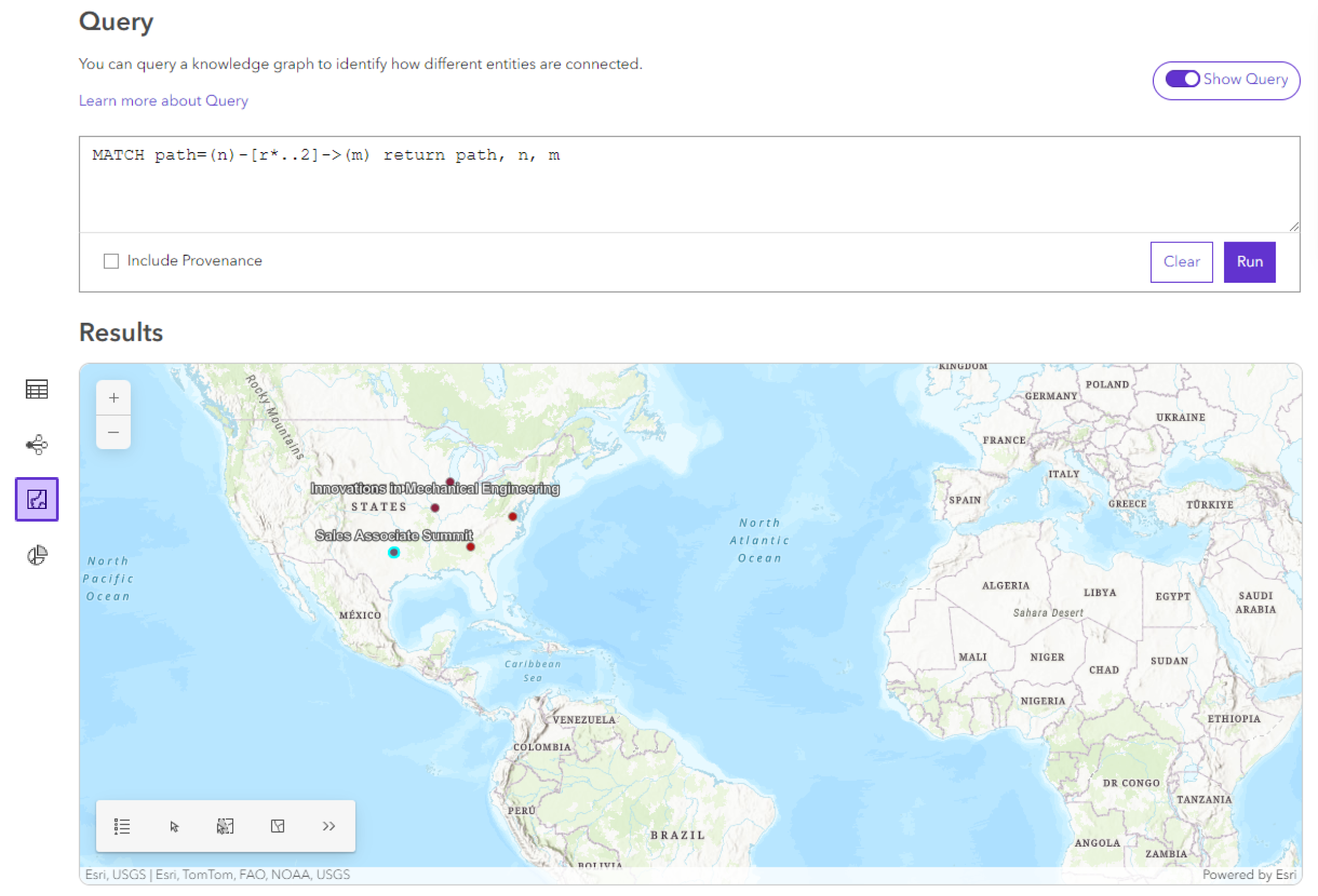 Map preview of query results shows any selections made in the table view.