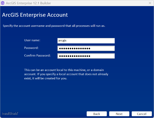 Specify the account user name and password that all processes will run as.